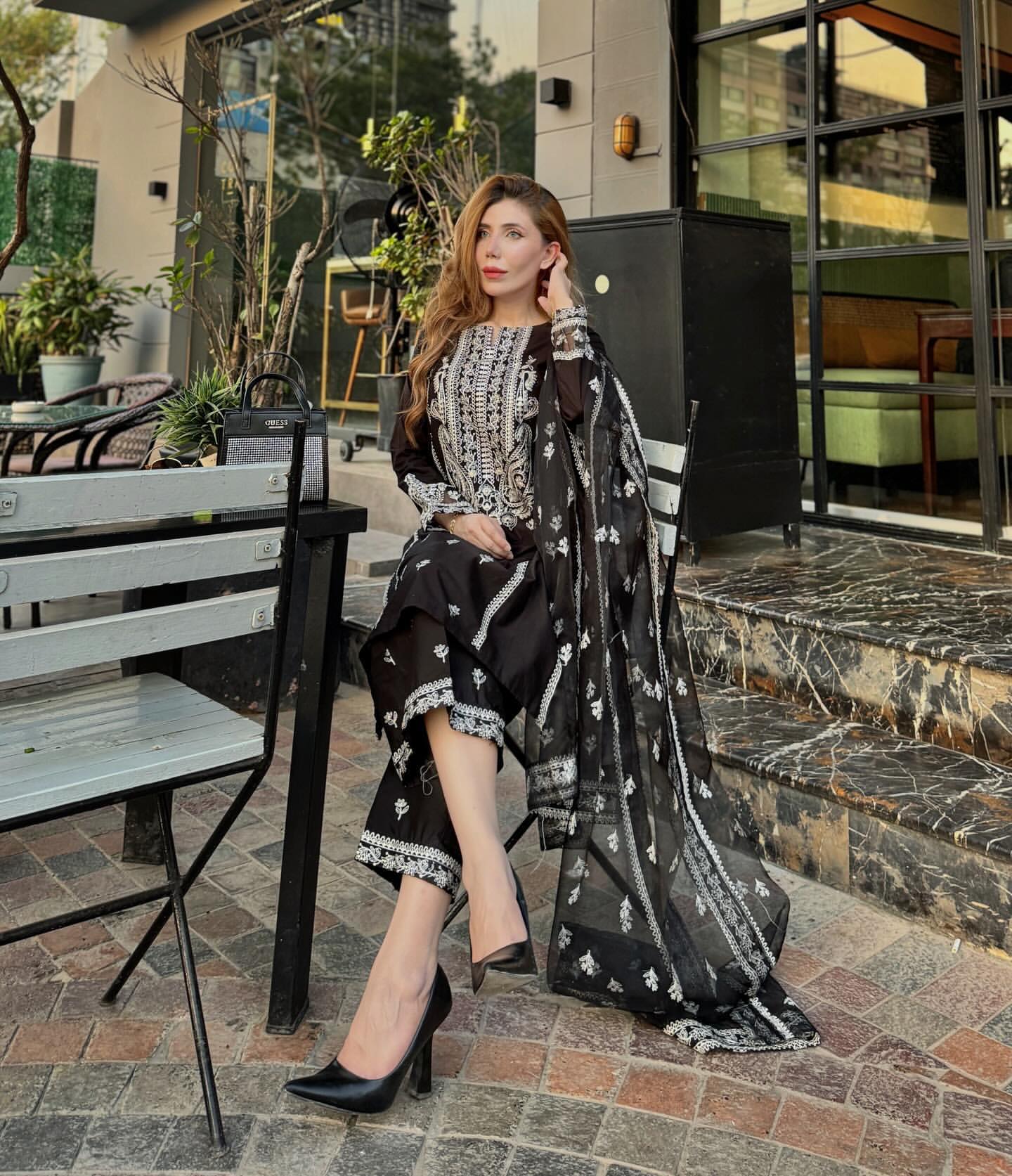 3-Pc Monochrome Sequin Embroidered Set.