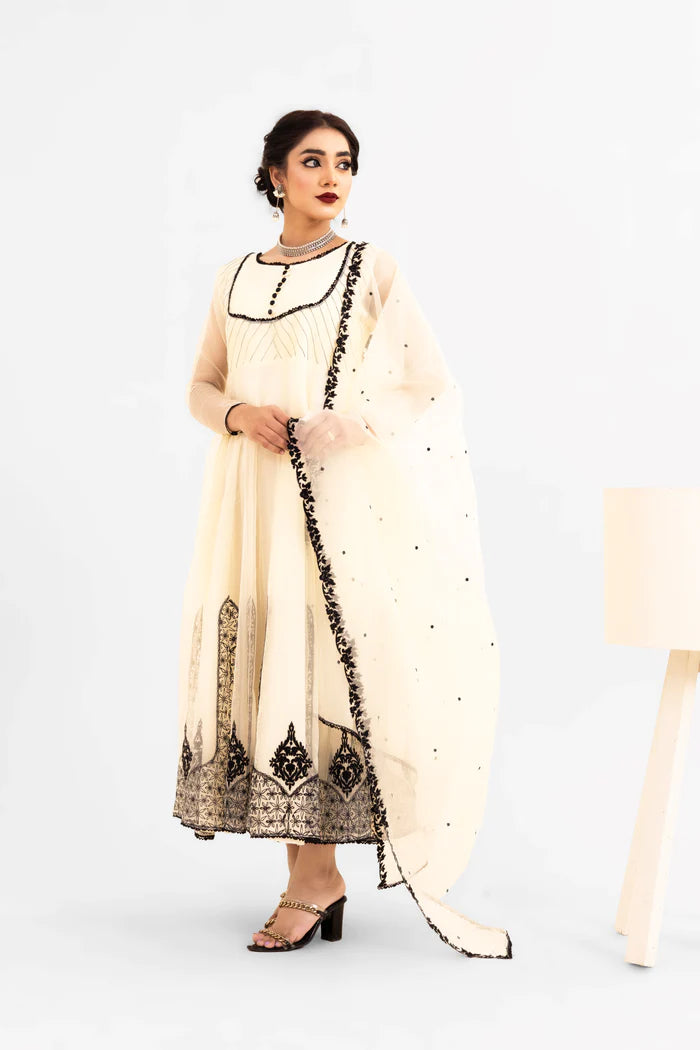 JANAA- 3PC LUXURY FULLY EMBROIDERED STITCHED 16-PANEL FROCK WITH EMBROIDERED DUPATTA & TROUSERS
