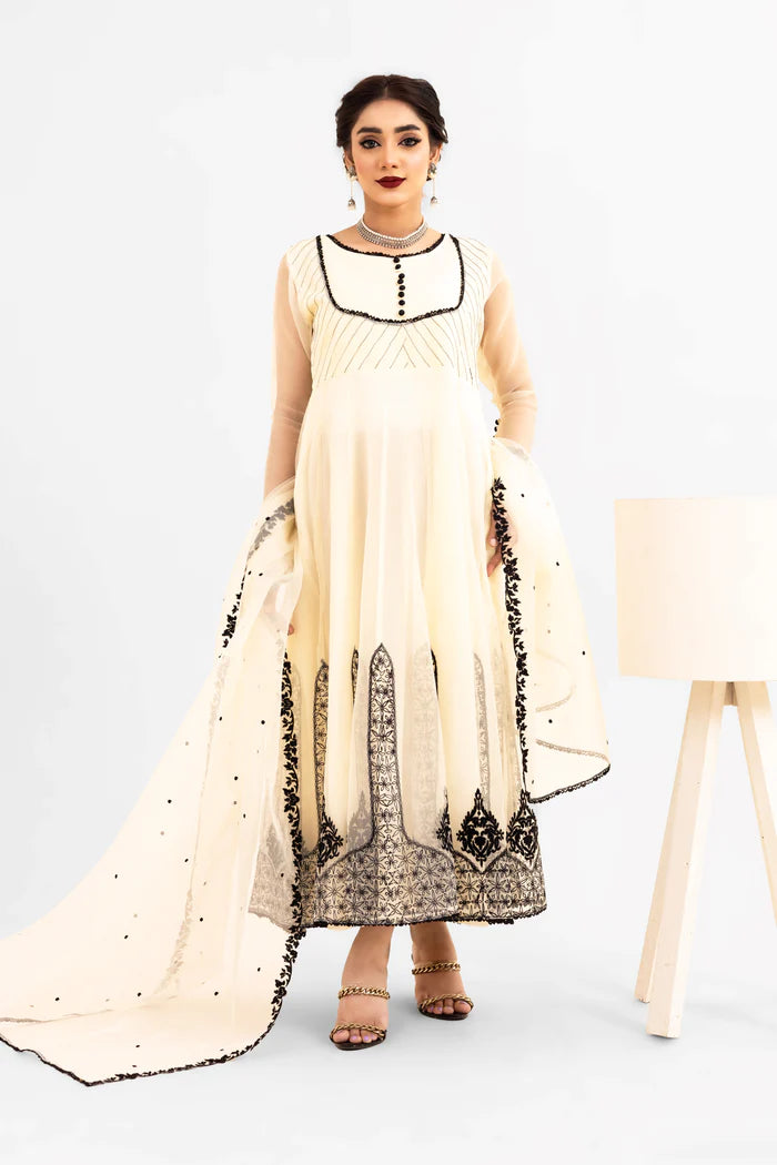 JANAA- 3PC LUXURY FULLY EMBROIDERED STITCHED 16-PANEL FROCK WITH EMBROIDERED DUPATTA & TROUSERS