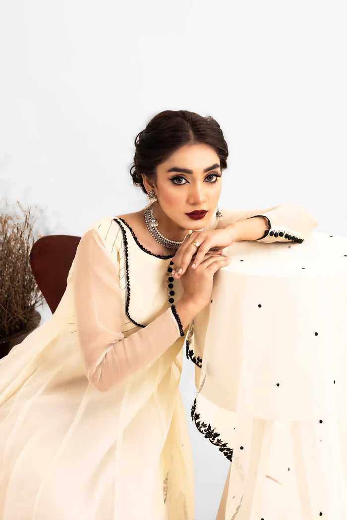 JANAA- 3PC LUXURY FULLY EMBROIDERED STITCHED 16-PANEL FROCK WITH EMBROIDERED DUPATTA & TROUSERS