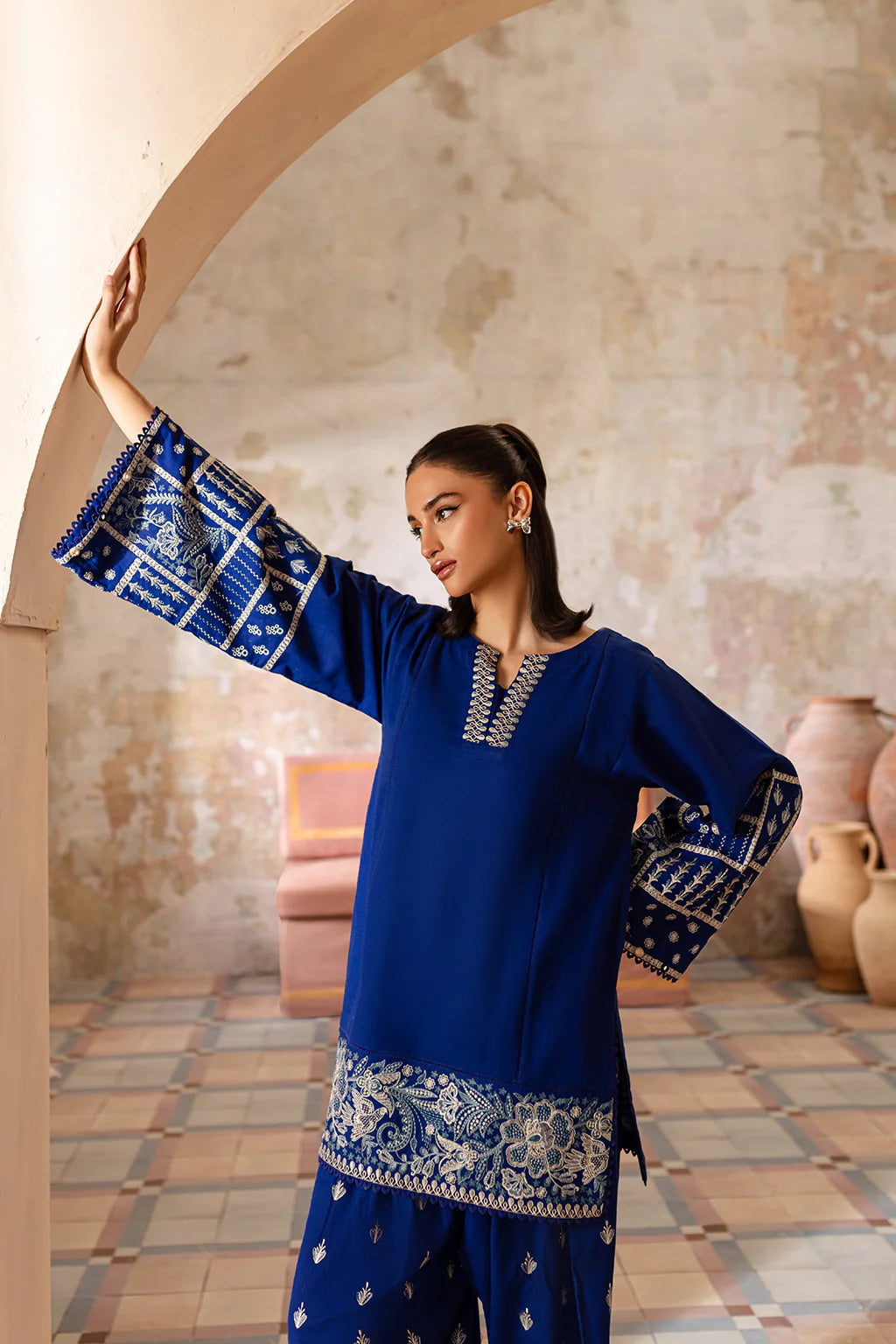 Royal Blue Embroidered Farshi Shalwar Suit