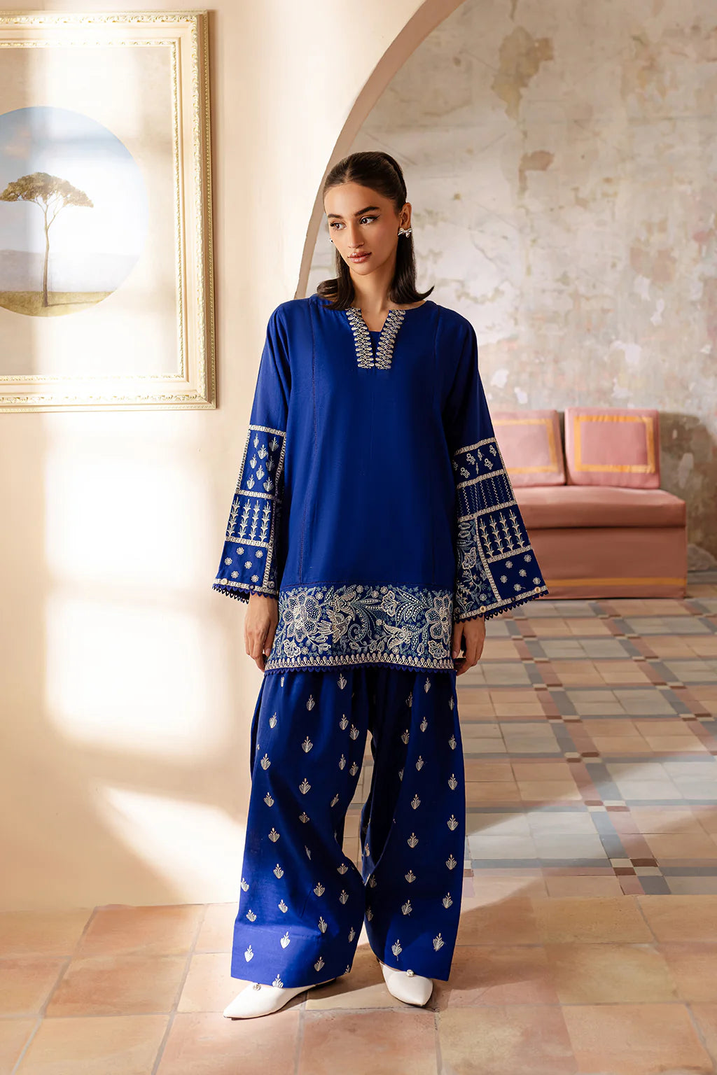 Royal Blue Embroidered Farshi Shalwar Suit