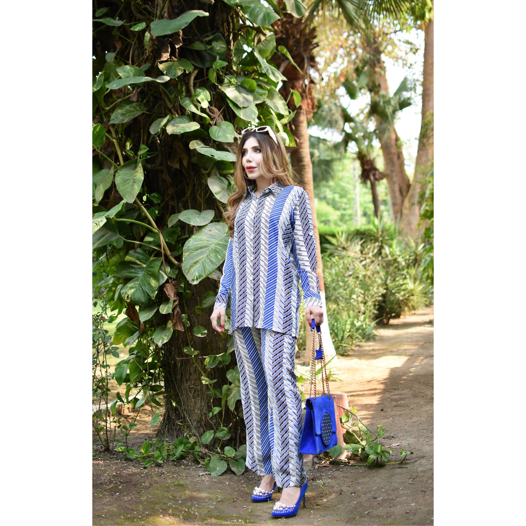 White, Blue and Black Co-ord Set