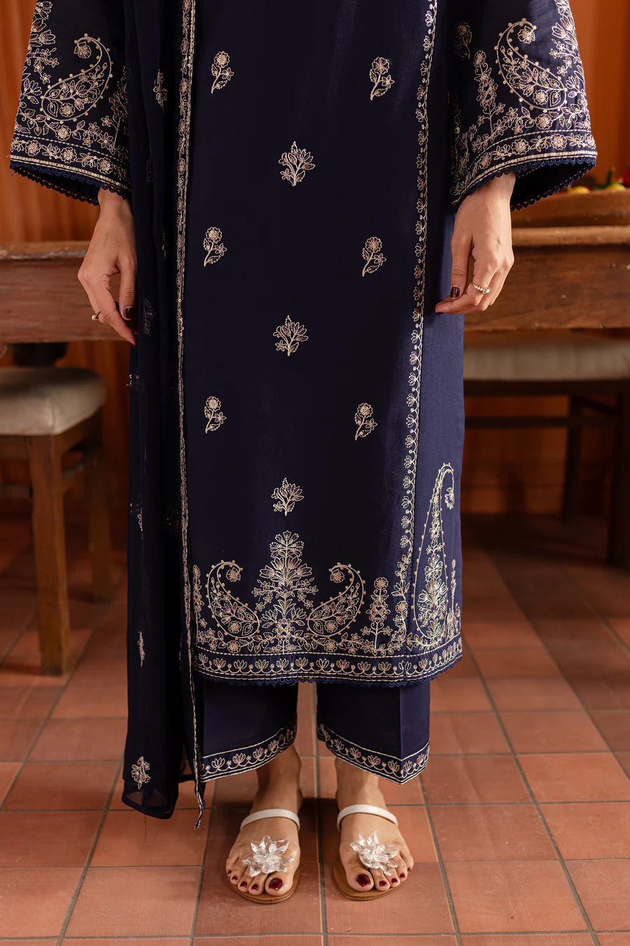 Mid Night Blue 3Pc - Embroidered Dress