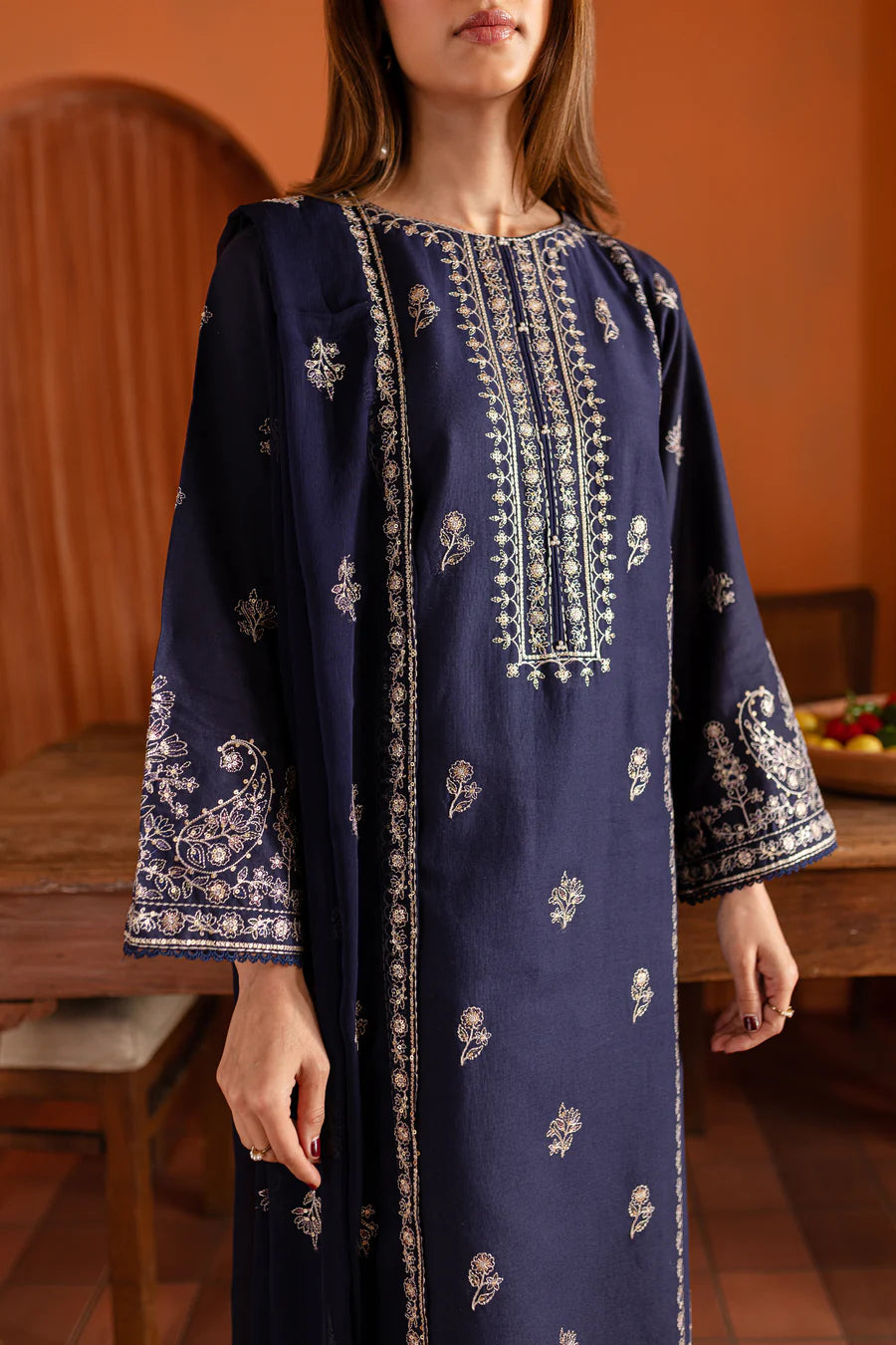 Mid Night Blue 3Pc - Embroidered Dress