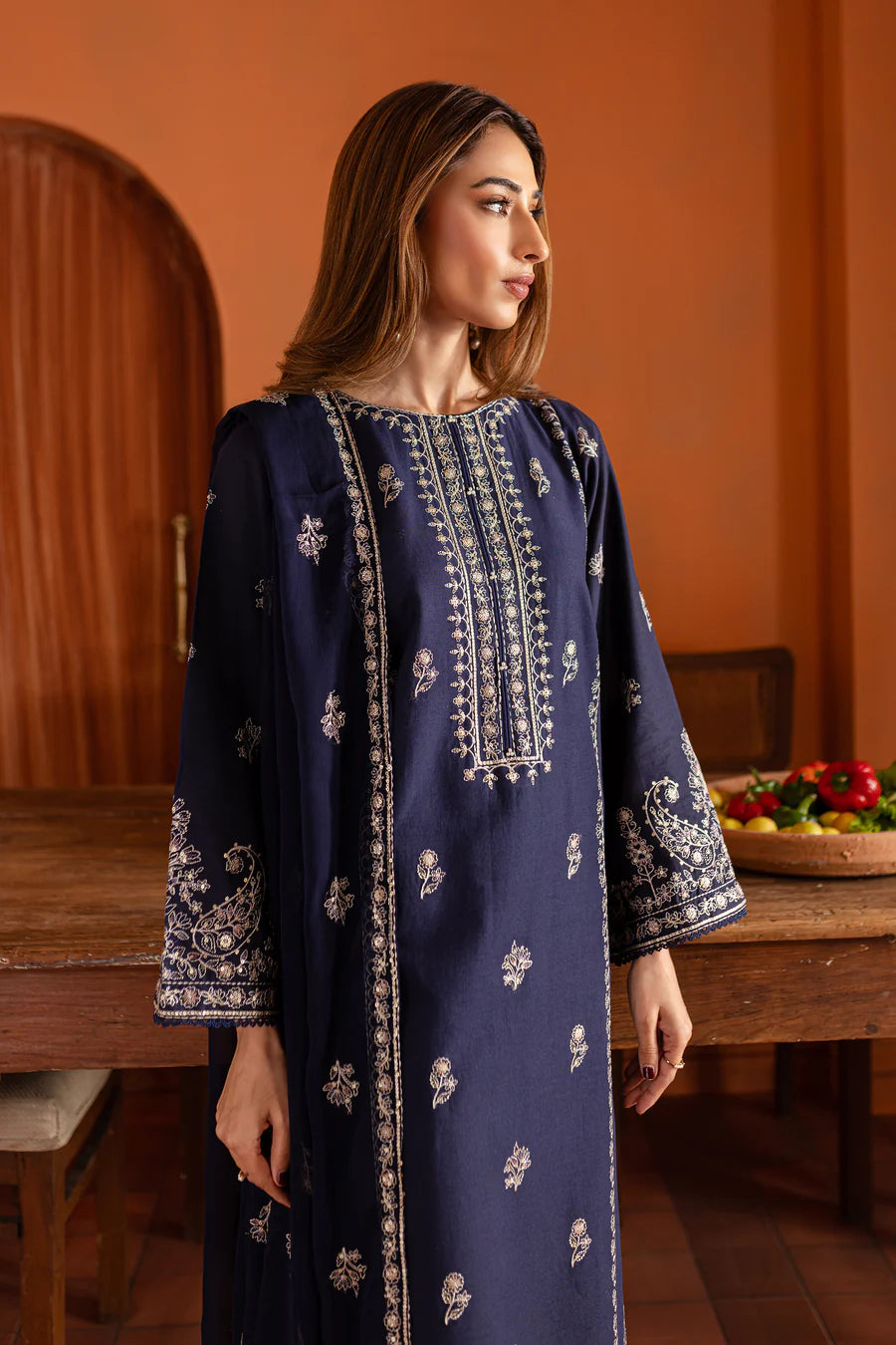 Mid Night Blue 3Pc - Embroidered Dress