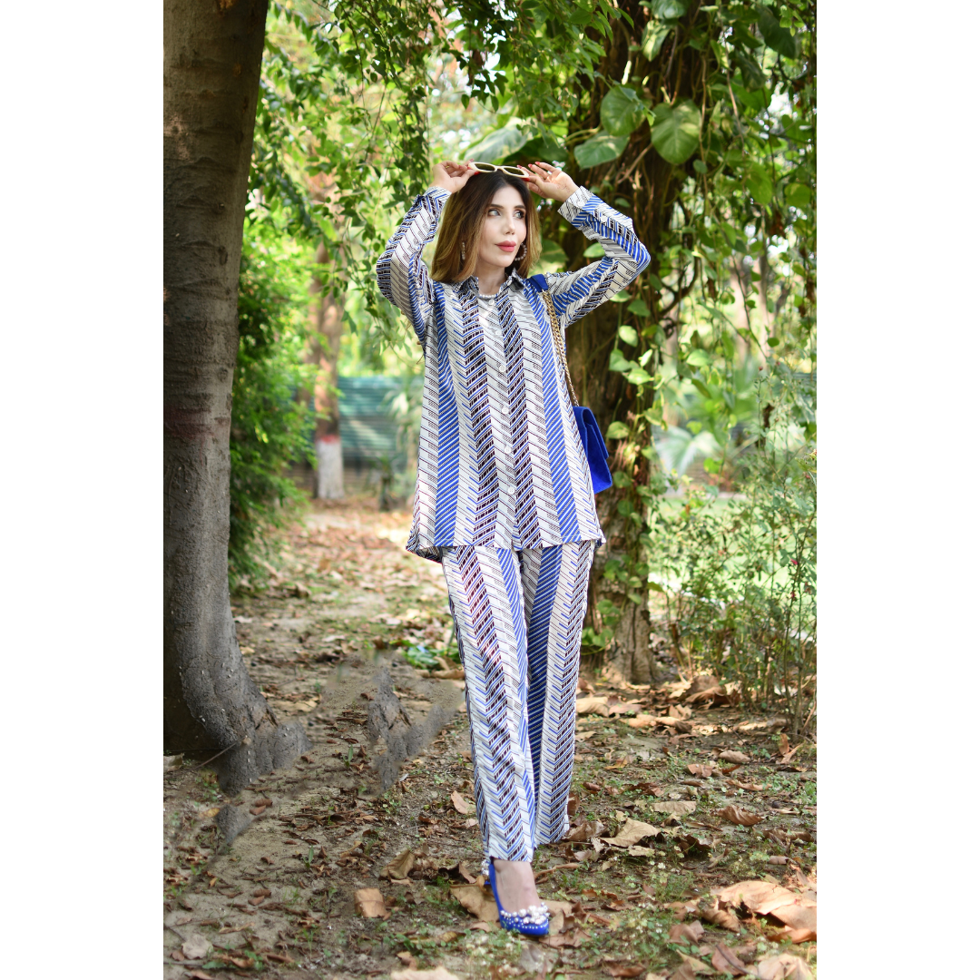 White, Blue and Black Co-ord Set