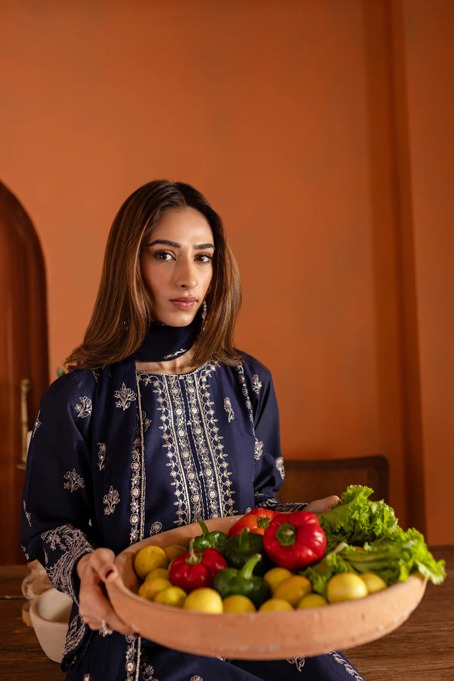 Mid Night Blue 3Pc - Embroidered Dress