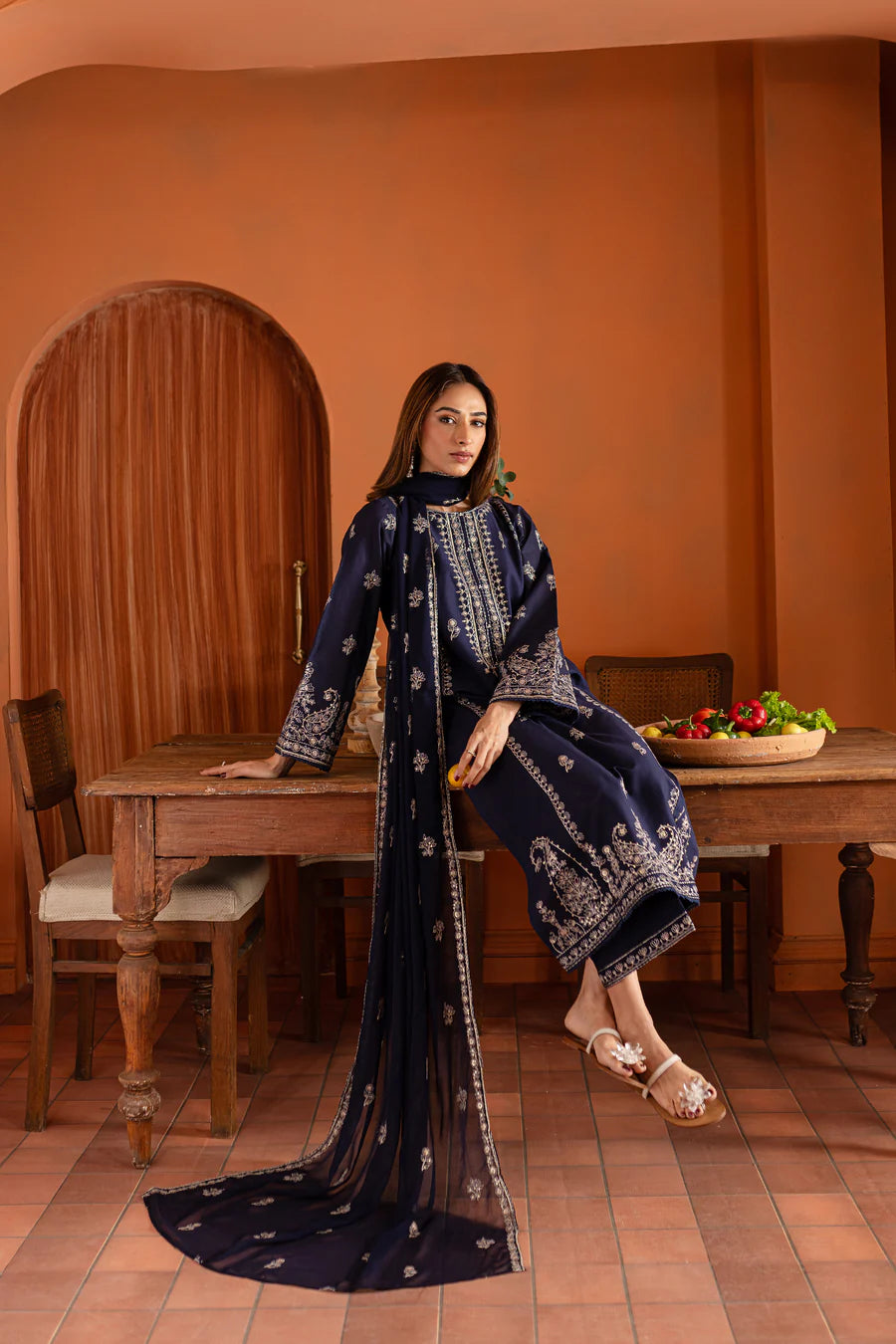 Mid Night Blue 3Pc - Embroidered Dress