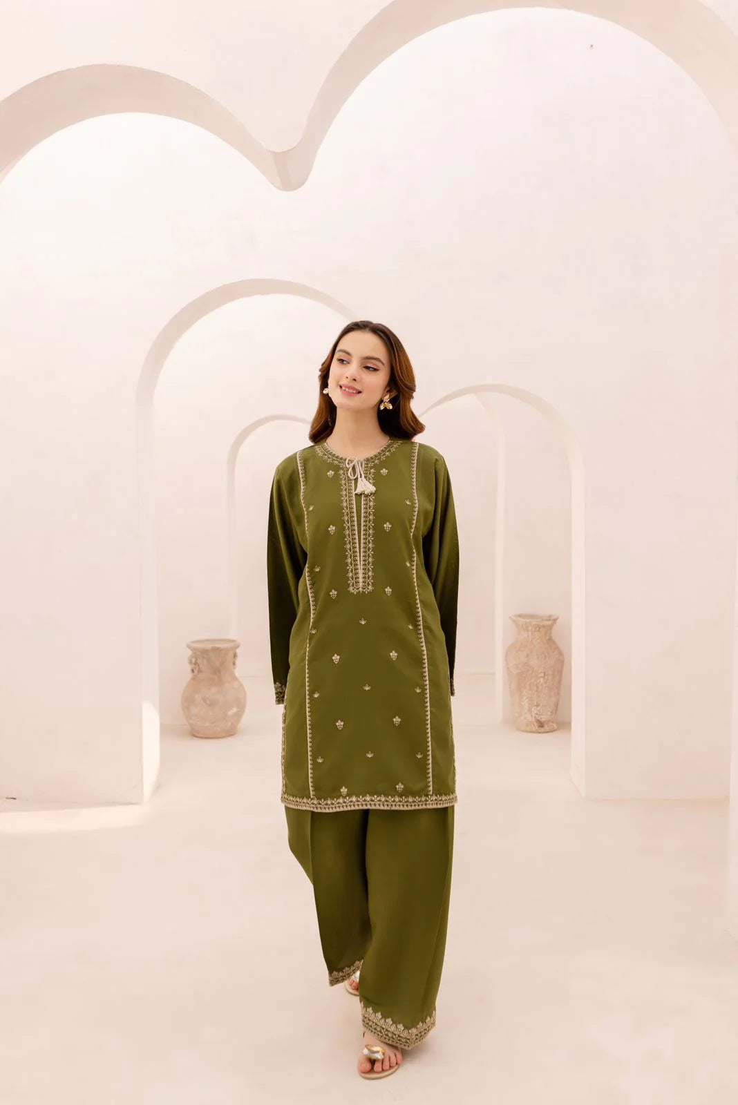 Olive- Embroidered Co-Ord Set
