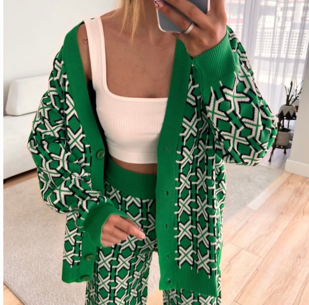 Button Down Wool Cardigan Sweater Knit Co-ord Set