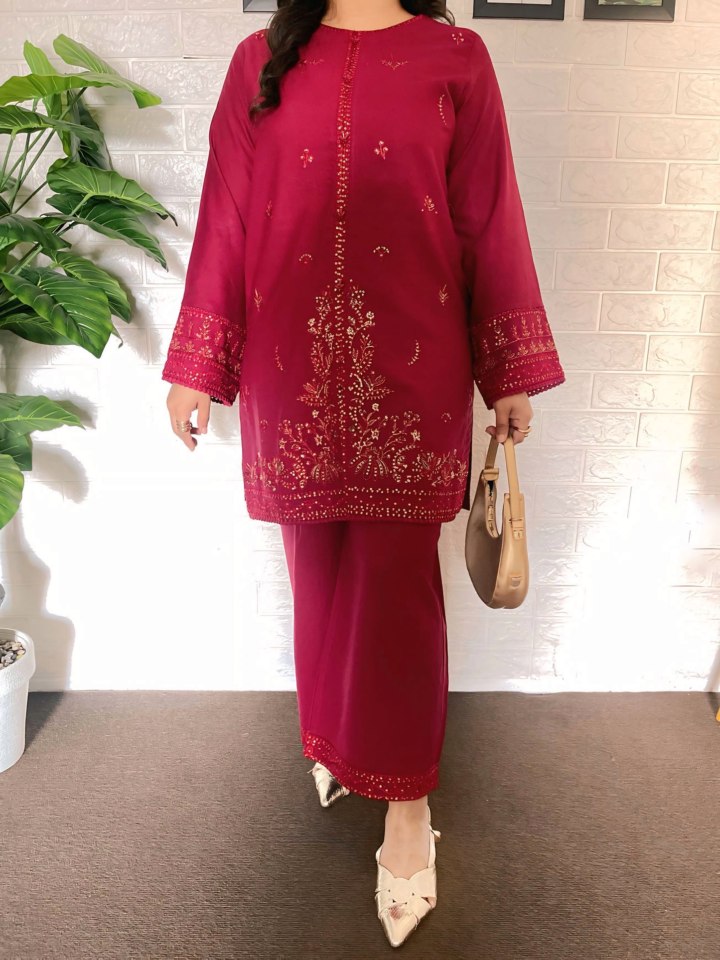 SEA SHELL Maroon 2PC - Stitched EMBROIDERED & Hand Embellished DRESS