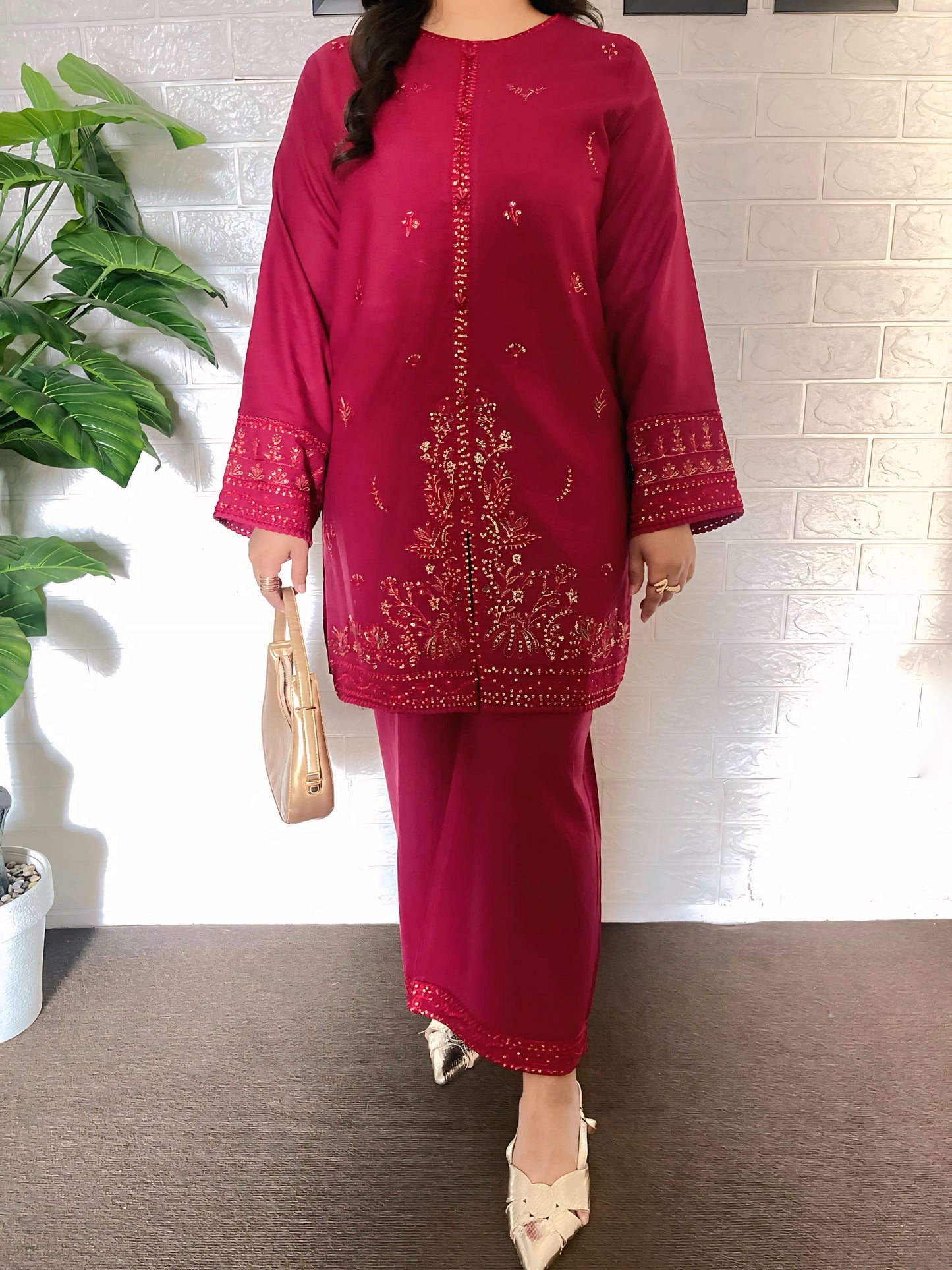 SEA SHELL Maroon 2PC - Stitched EMBROIDERED & Hand Embellished DRESS