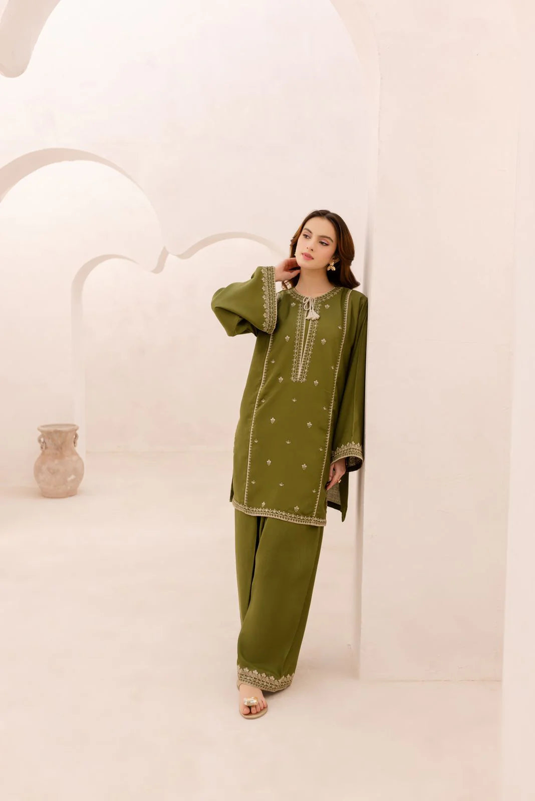 Olive- Embroidered Co-Ord Set
