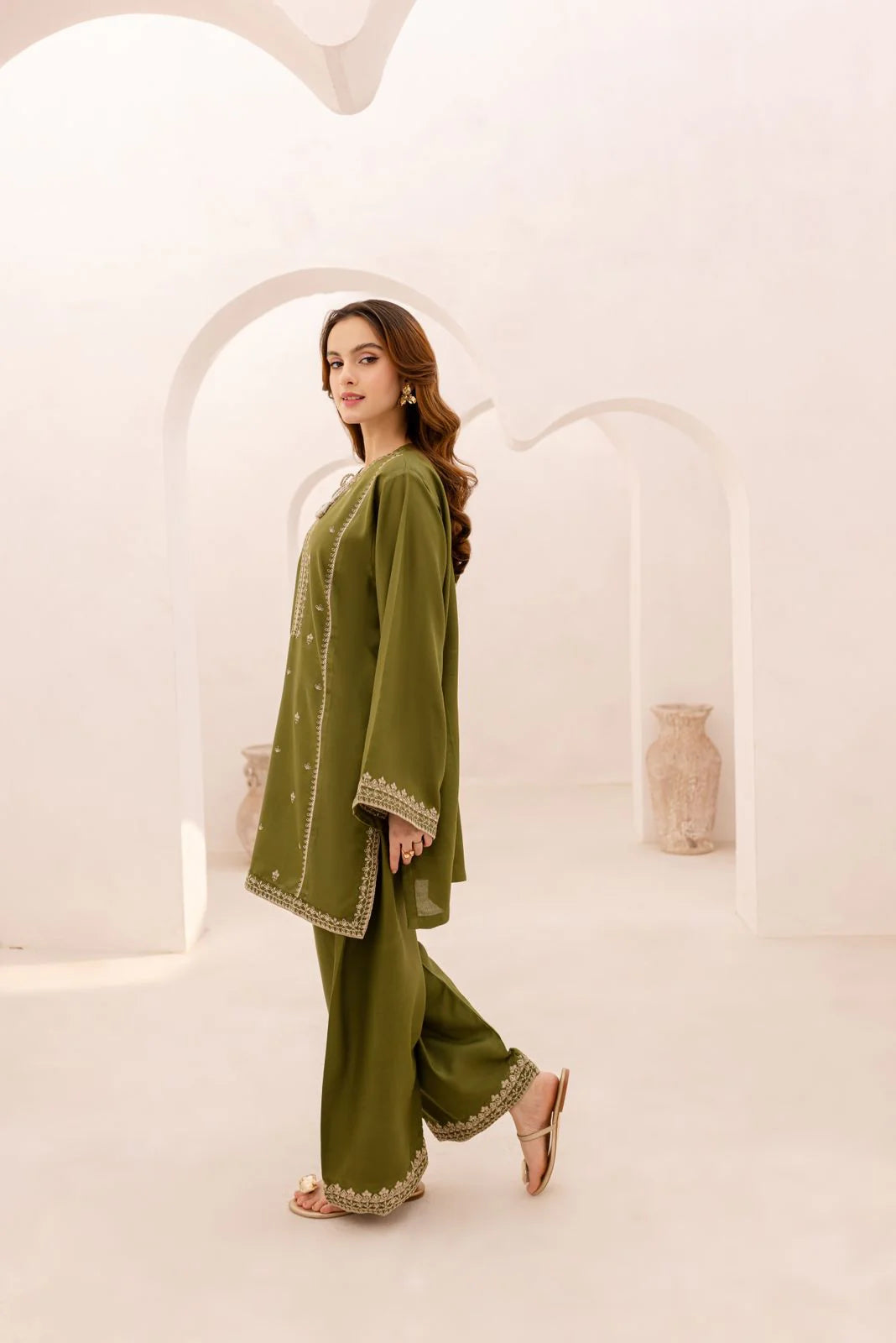 Olive- Embroidered Co-Ord Set