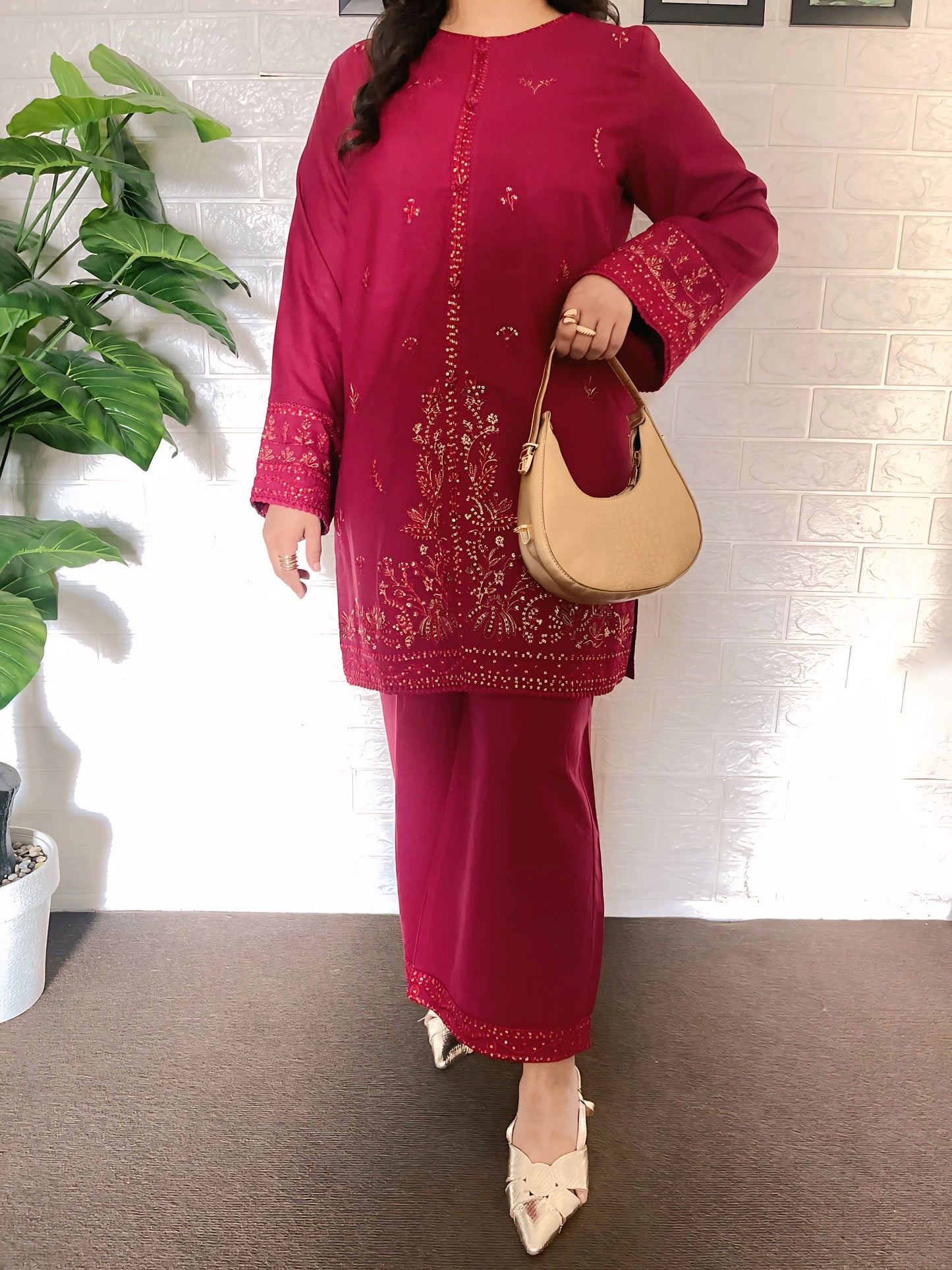 SEA SHELL Maroon 2PC - Stitched EMBROIDERED & Hand Embellished DRESS