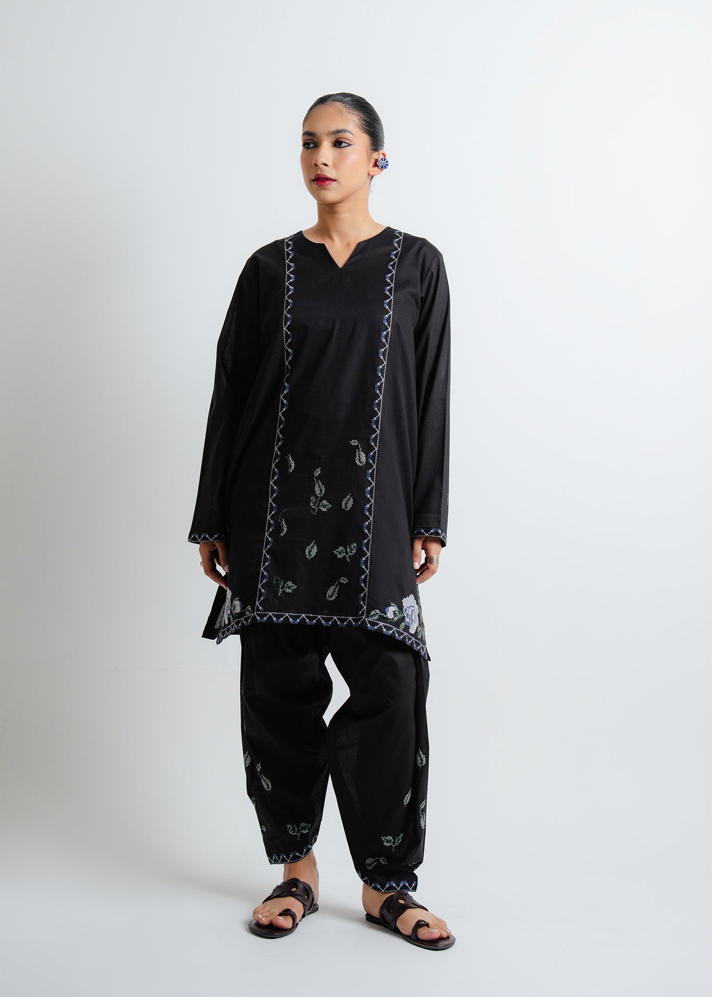 BLACK CROSS-STITCH A-LINE EMBROIDERED SHALWAR SUIT