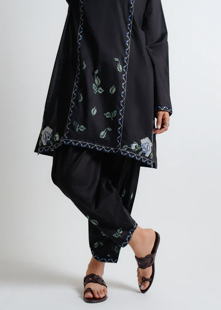 BLACK CROSS-STITCH A-LINE EMBROIDERED SHALWAR SUIT