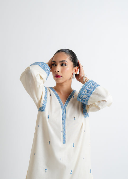 ELEGANCE Off-WHITE BLUE CHICKEN-KARI EMBROIDERED STITCHED DRESS
