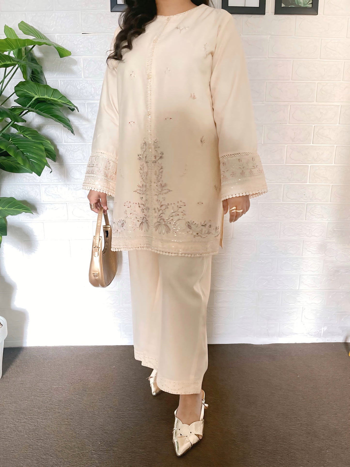 SEA SHELL 2PC - Rose White Stitched EMBROIDERED & Hand Embellished DRESS
