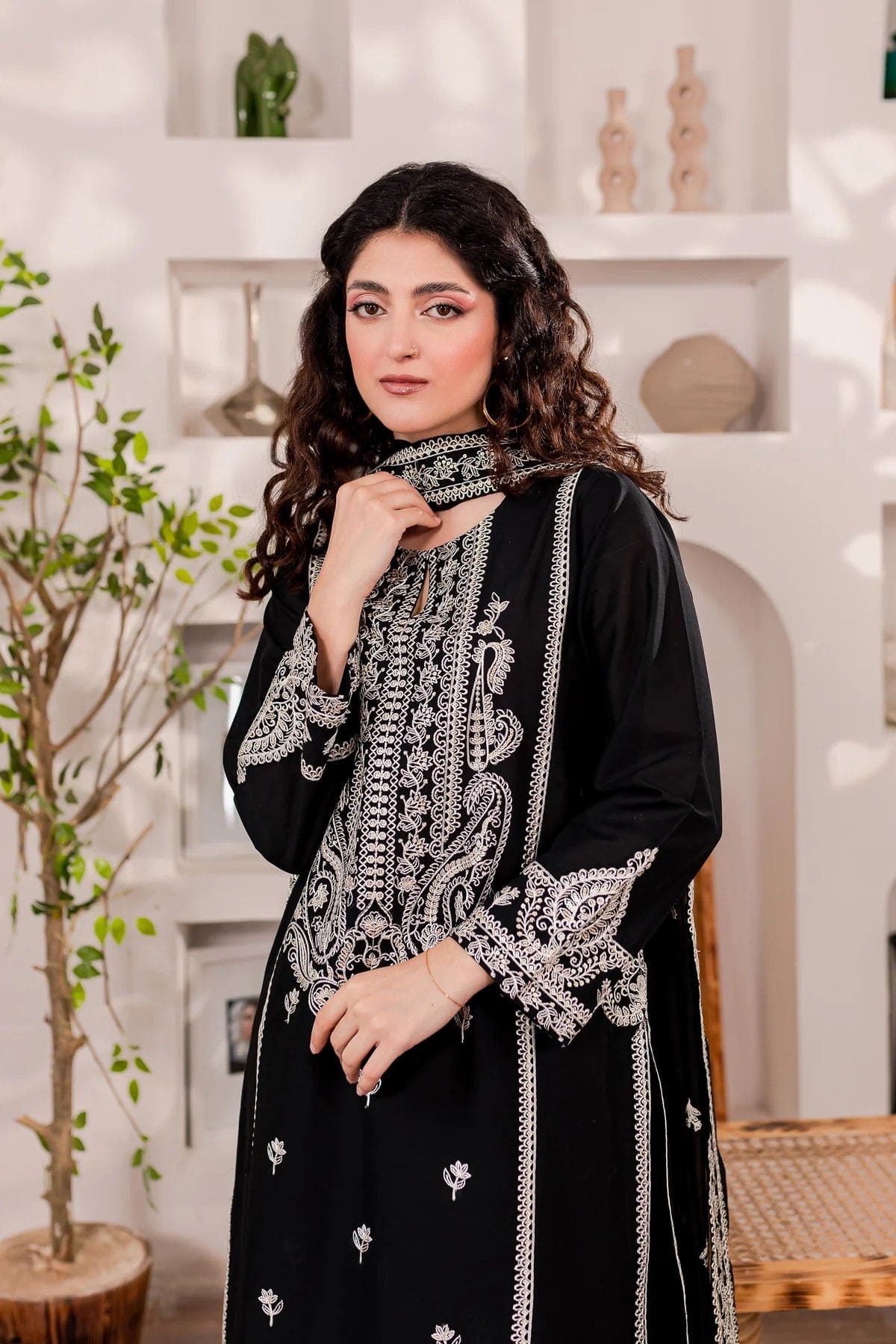 3-Pc Monochrome Sequin Embroidered Set.
