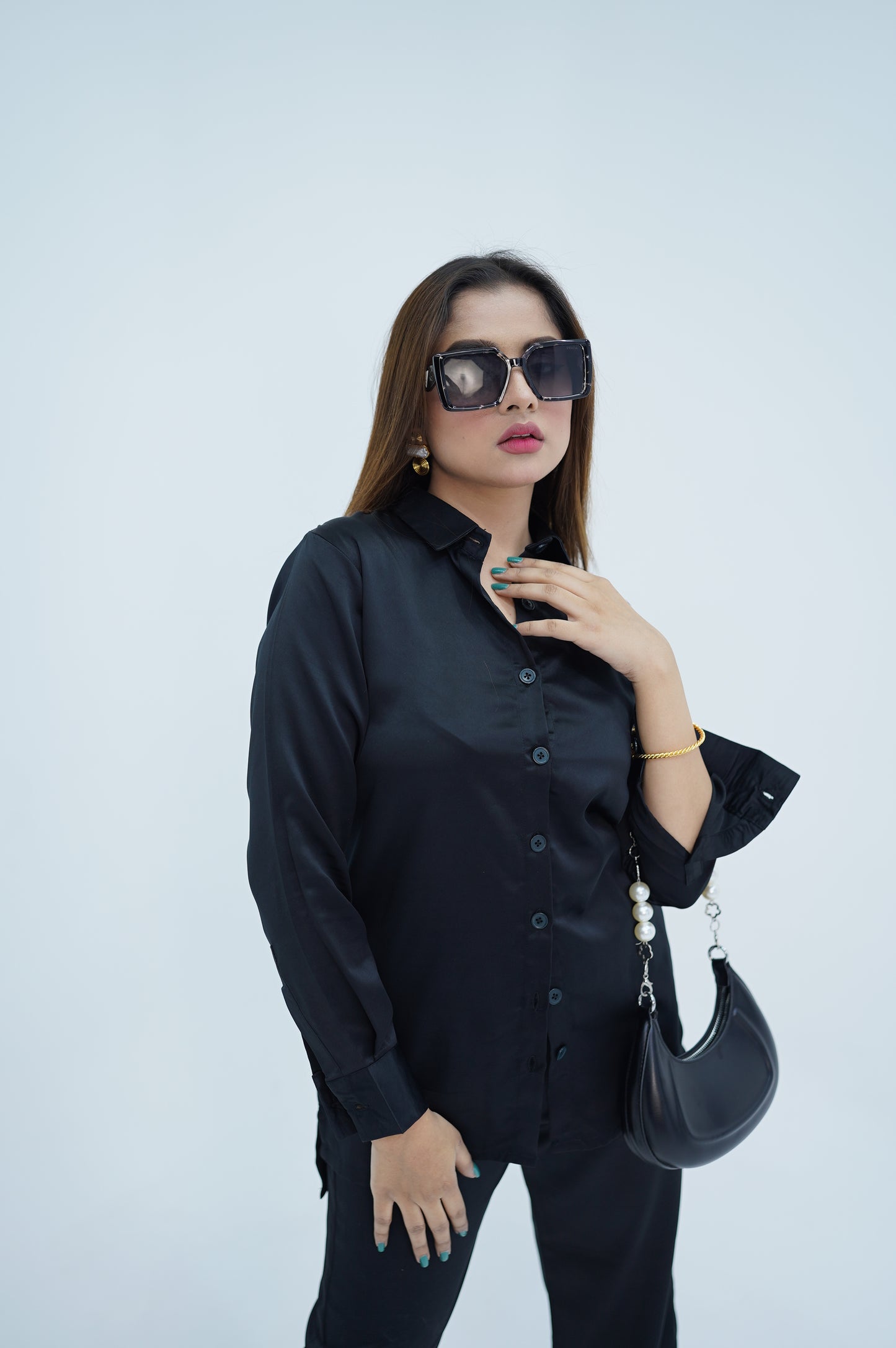 Black Satin Silk Dress Shirt