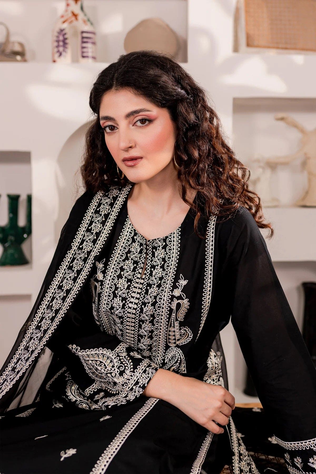 3-Pc Monochrome Sequin Embroidered Stitched Set.