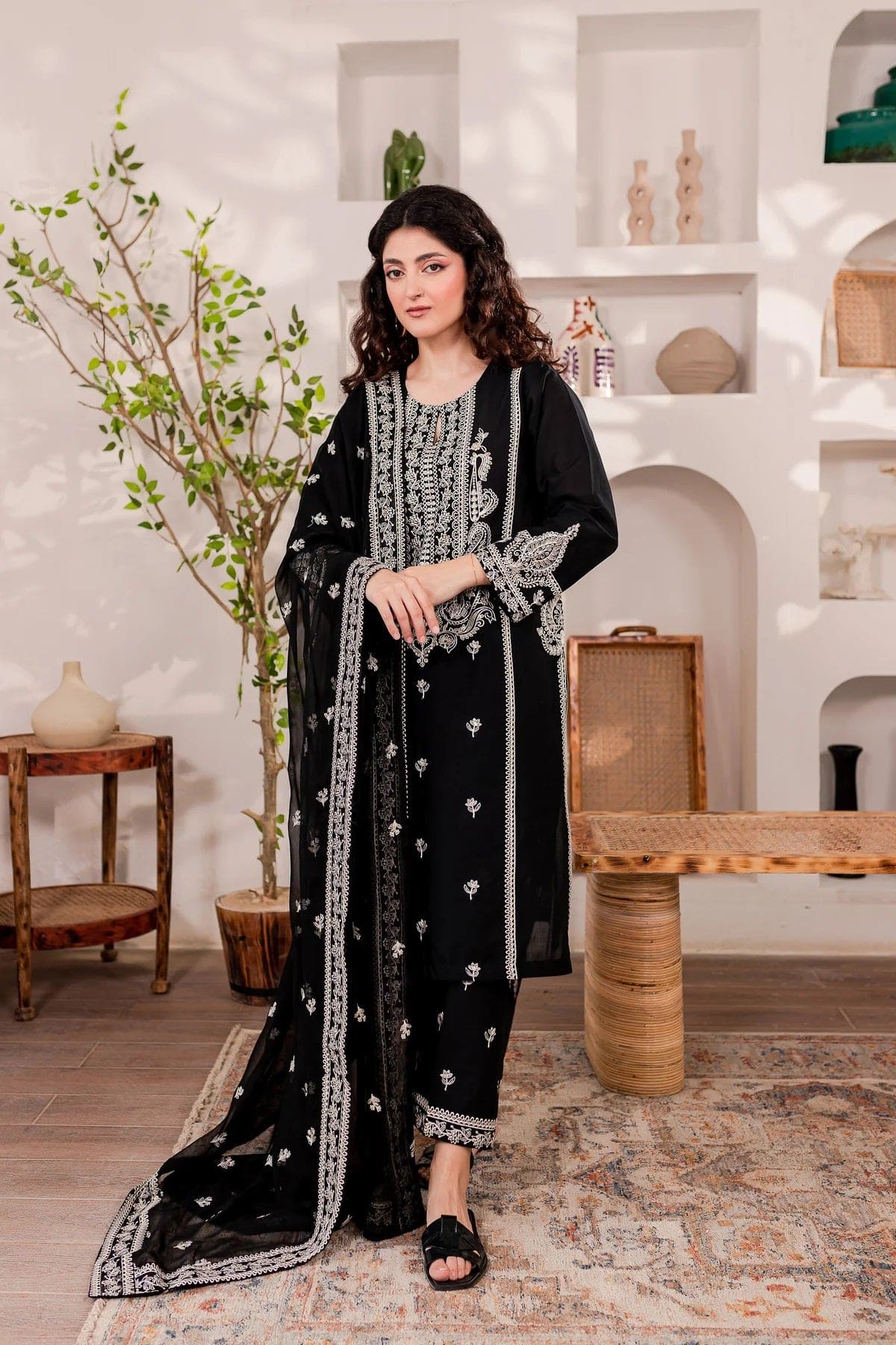 3-Pc Monochrome Sequin Embroidered Stitched Set.