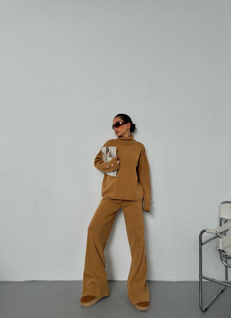 Button Detailed Camel Brown Sweater Knit Co-ord Set