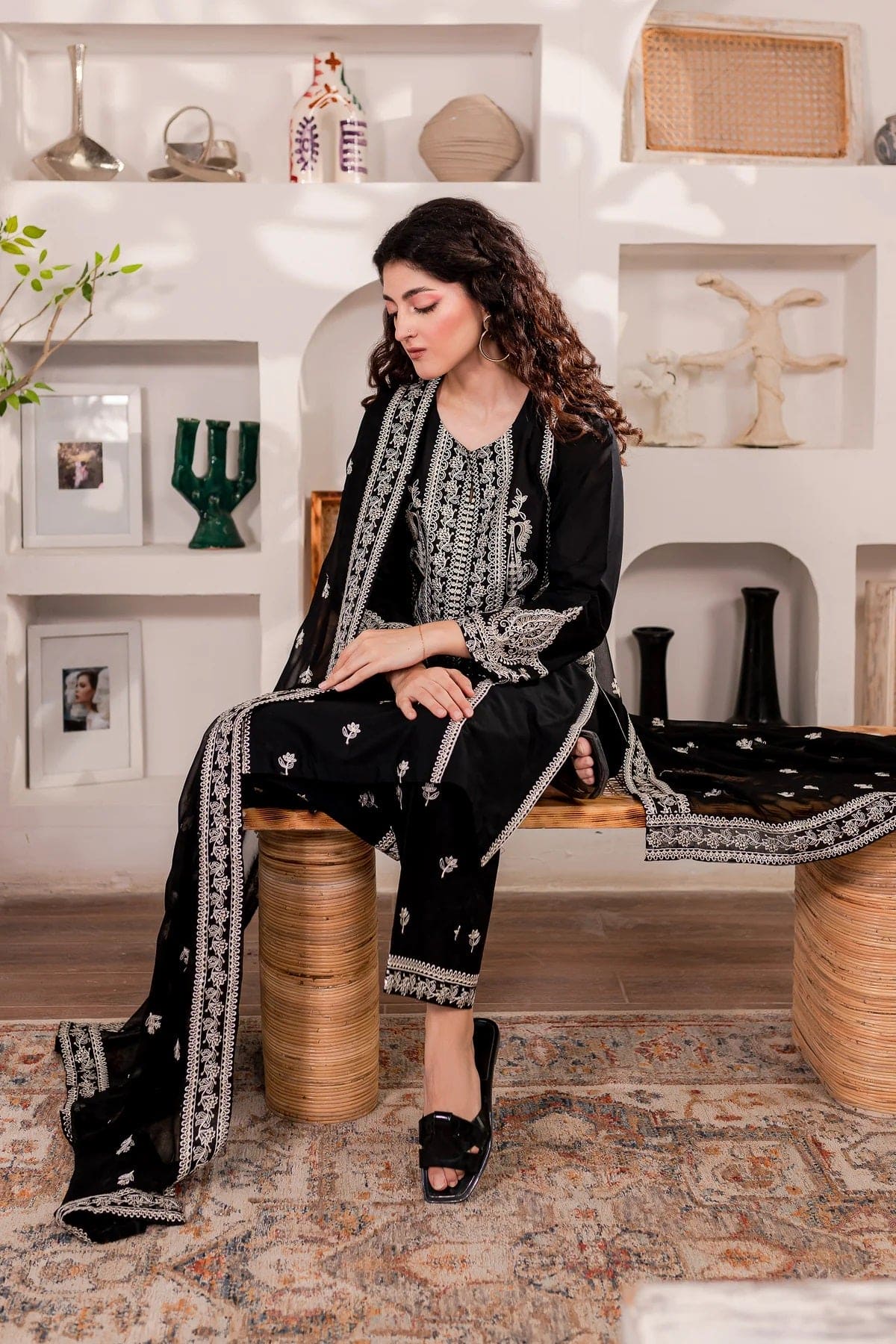 3-Pc Monochrome Sequin Embroidered Stitched Set.