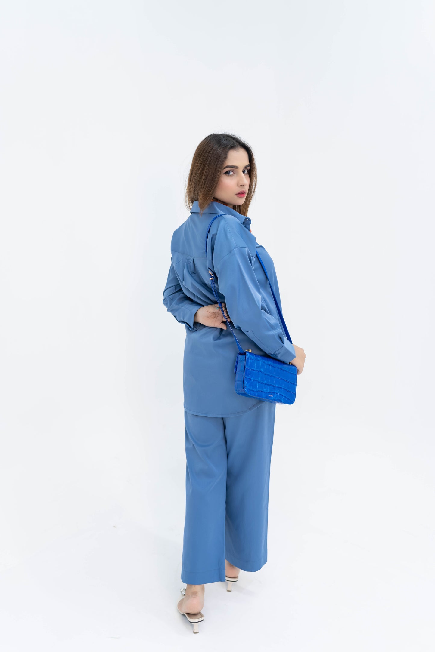 Deep Sea Blue Leather Drop-Shoulder Co-ord Set