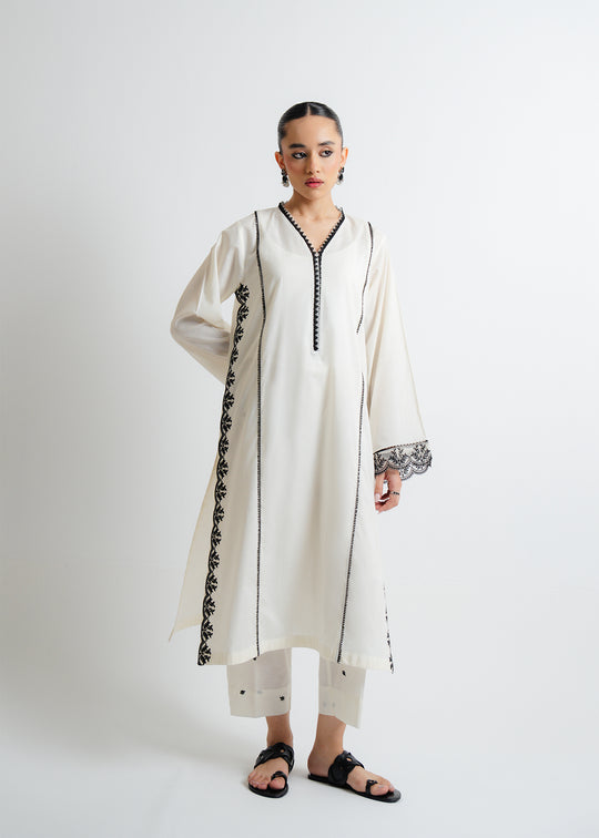 BESTSELLING Off-WHITE EMBROIDERED AIR-LINE STITCHED DRESS (Embroidered Trousers).