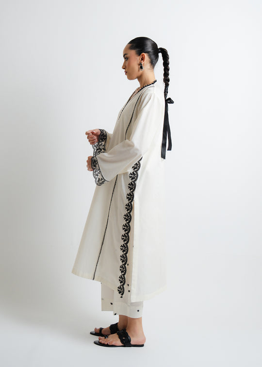 BESTSELLING Off-WHITE EMBROIDERED AIR-LINE STITCHED DRESS (Embroidered Trousers).