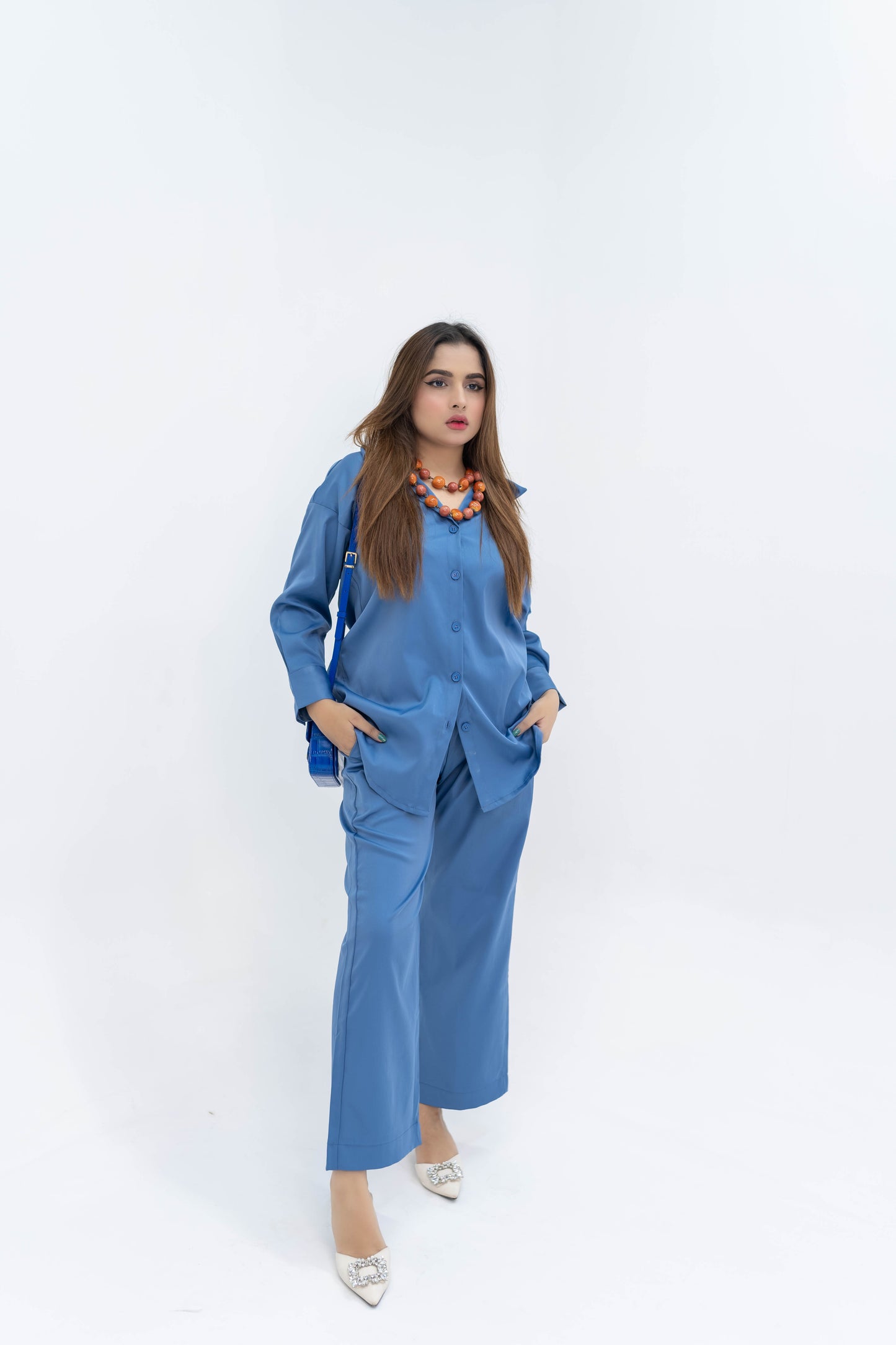 Deep Sea Blue Leather Drop-Shoulder Co-ord Set