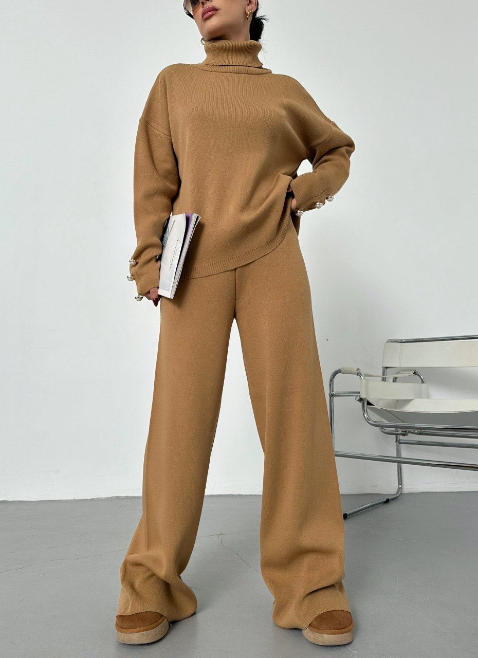 Button Detailed Camel Brown Sweater Knit Co-ord Set