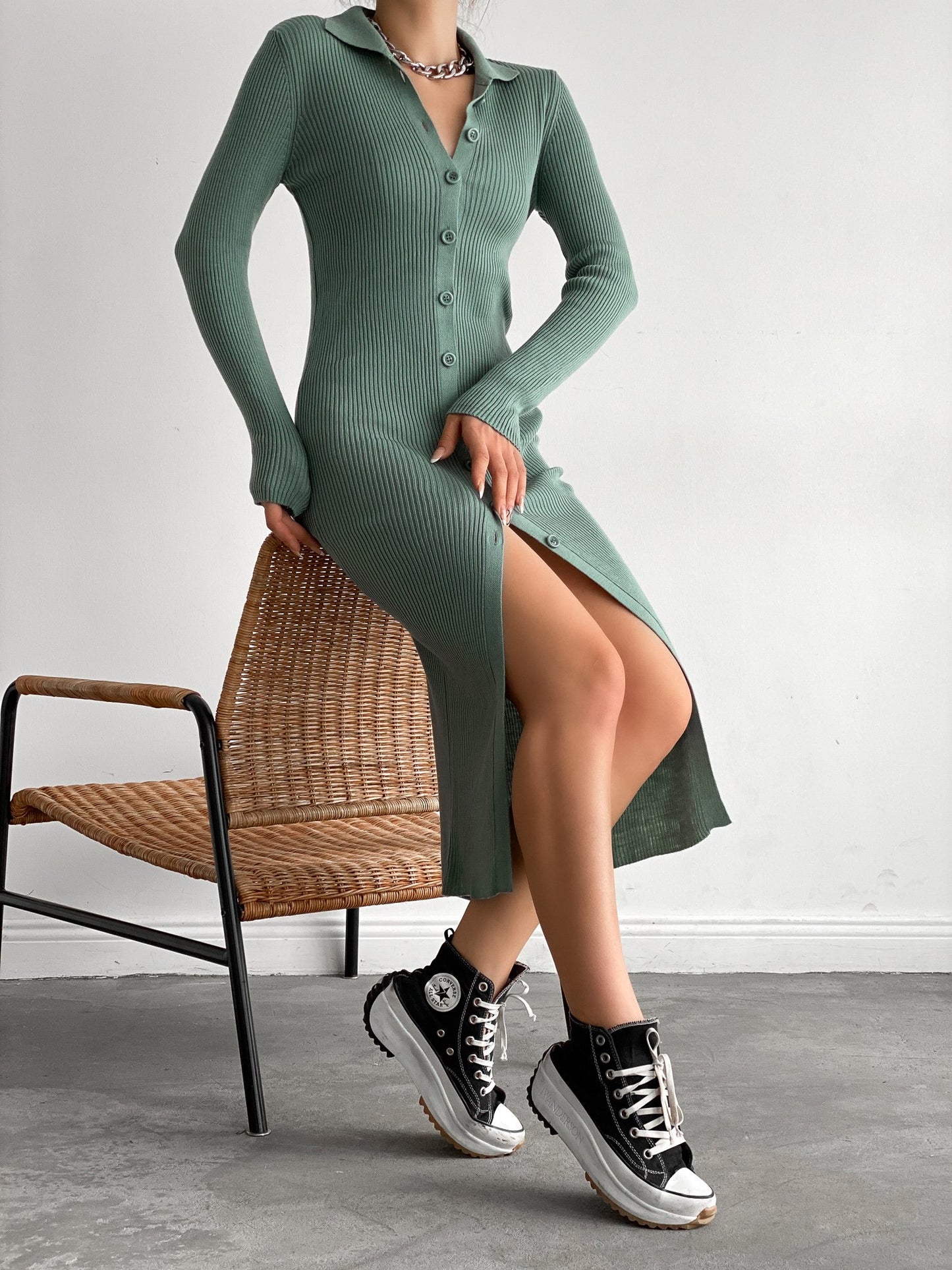 Olive Green Sweater Knitted Body-cone Dress