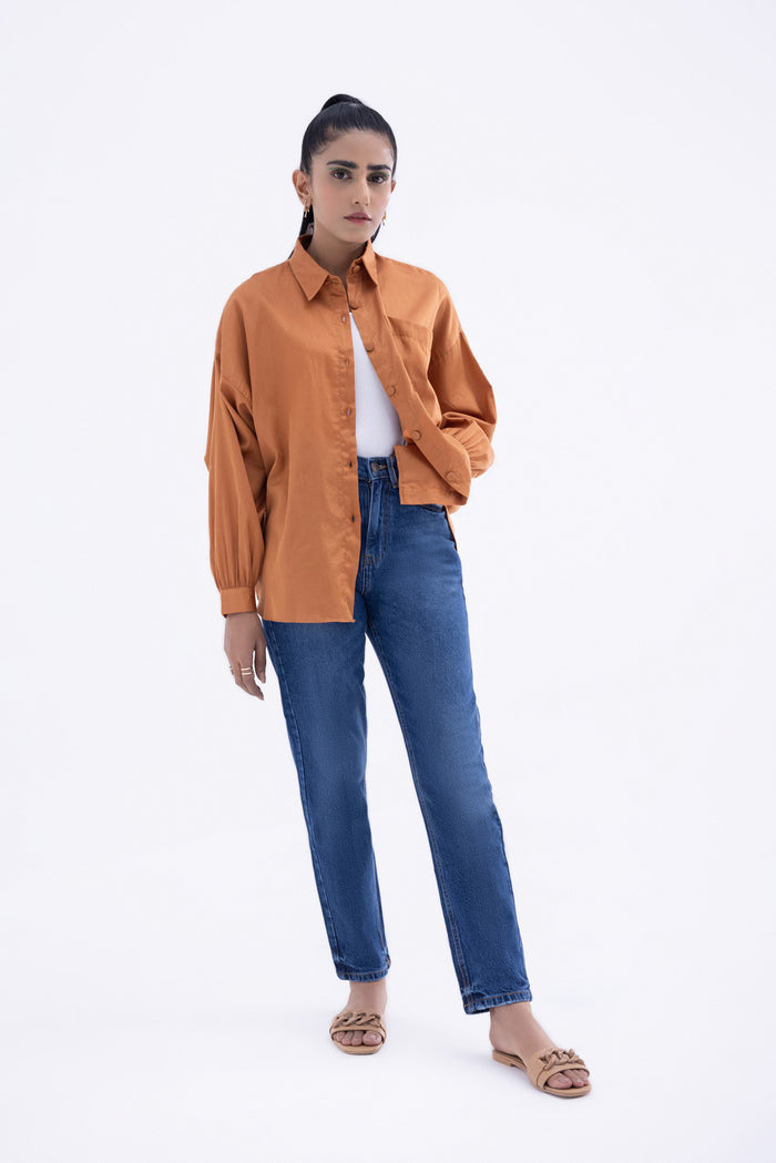 Satin Broad Collar Drop Shoulder Button Down Shirt