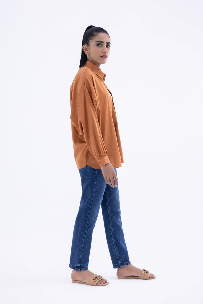 Satin Broad Collar Drop Shoulder Button Down Shirt