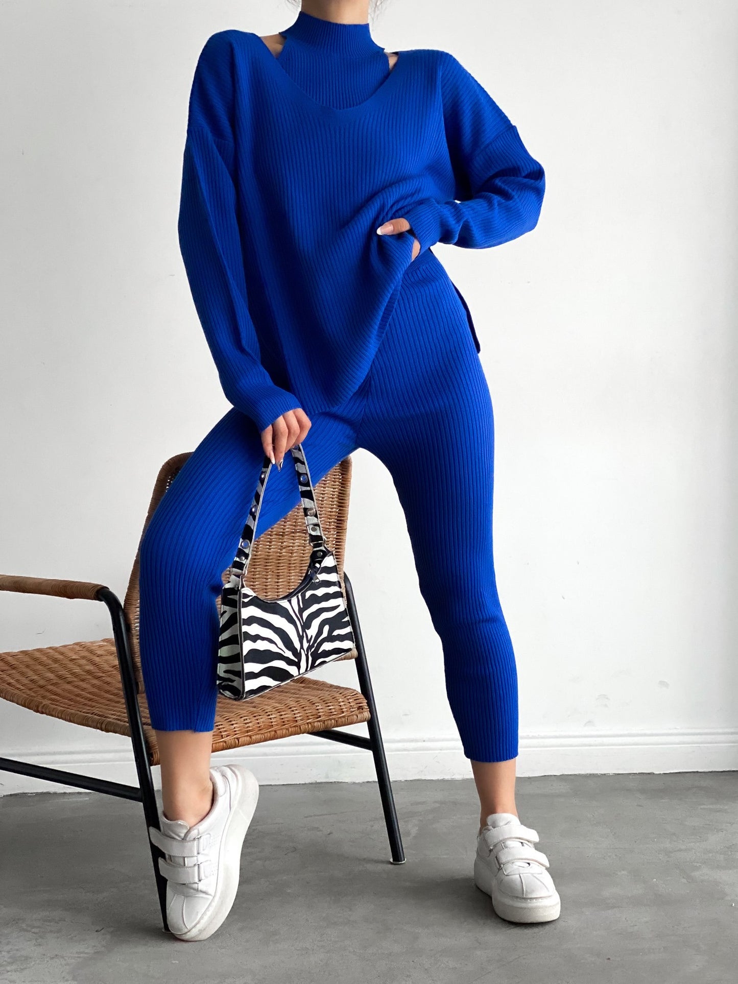 Blue 3-Piece Sweater Knit Co-ord Set