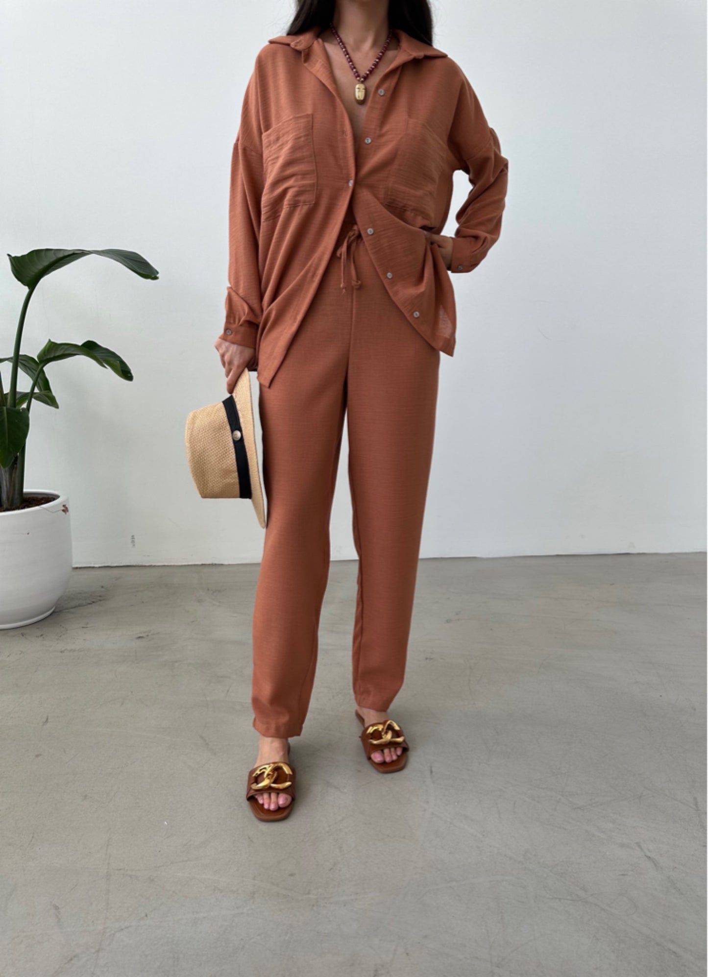 Tan Brown European Linen Co-ord Set