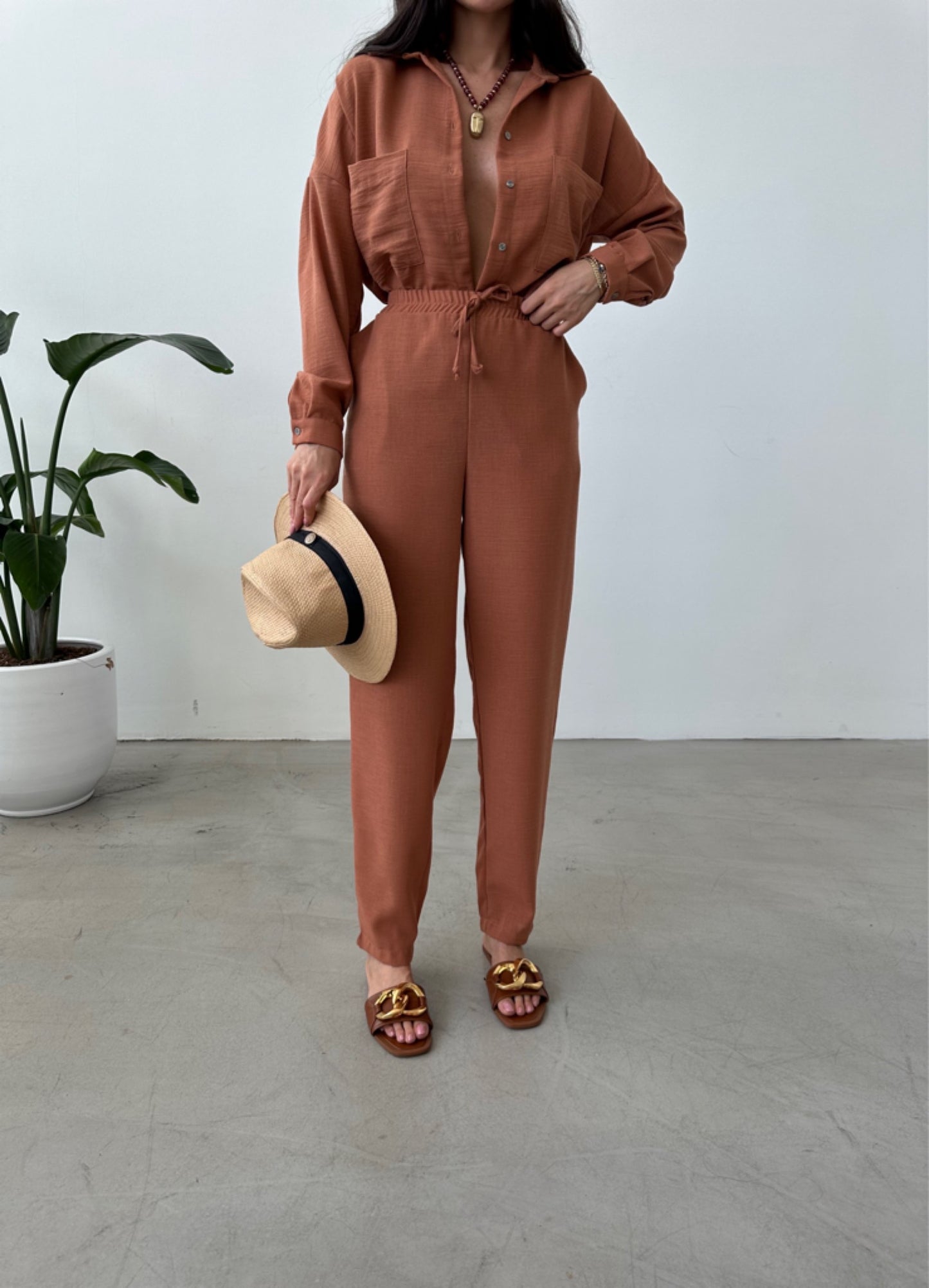 Tan Brown European Linen Co-ord Set