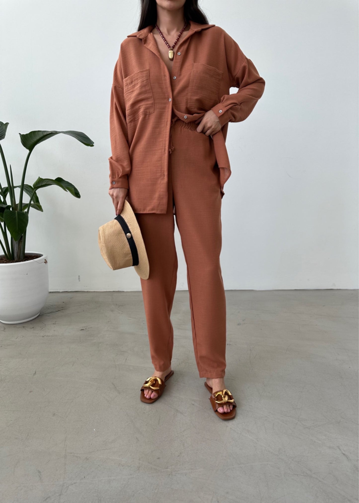 Tan Brown European Linen Co-ord Set