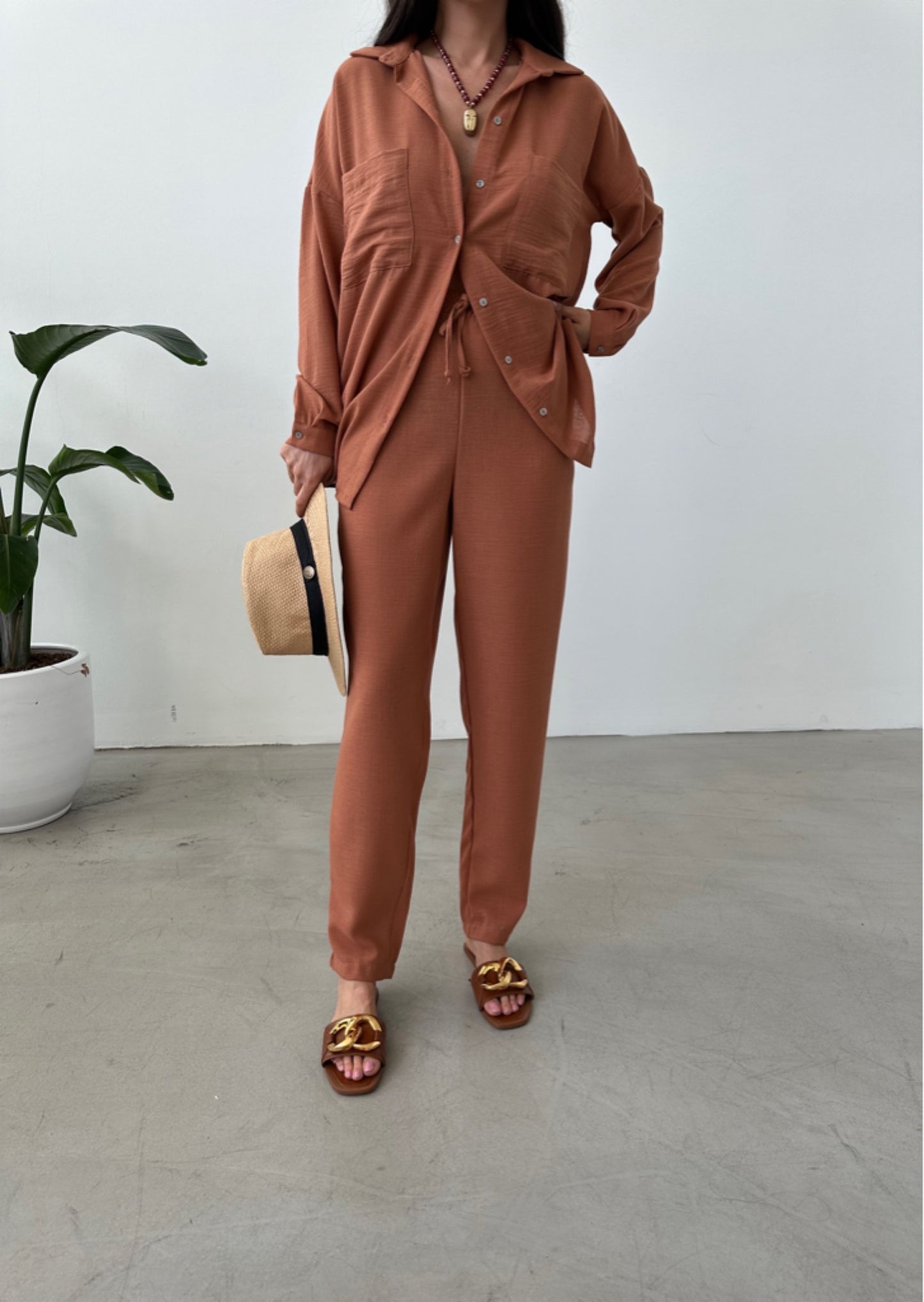 Tan Brown European Linen Co-ord Set