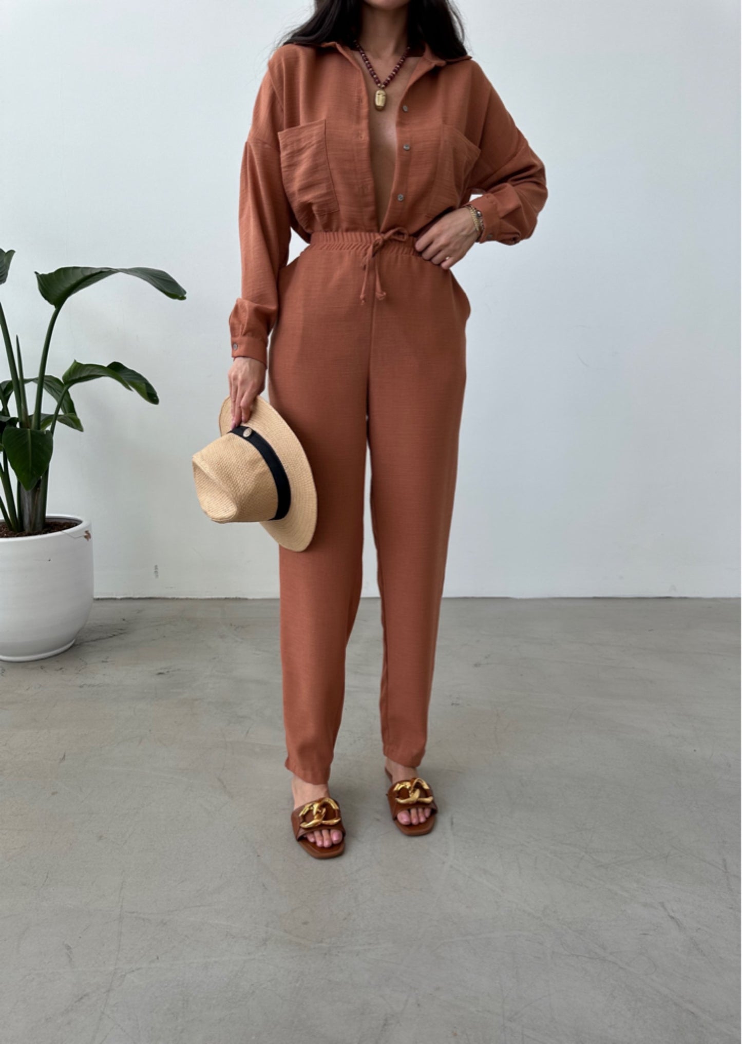 Tan Brown European Linen Co-ord Set