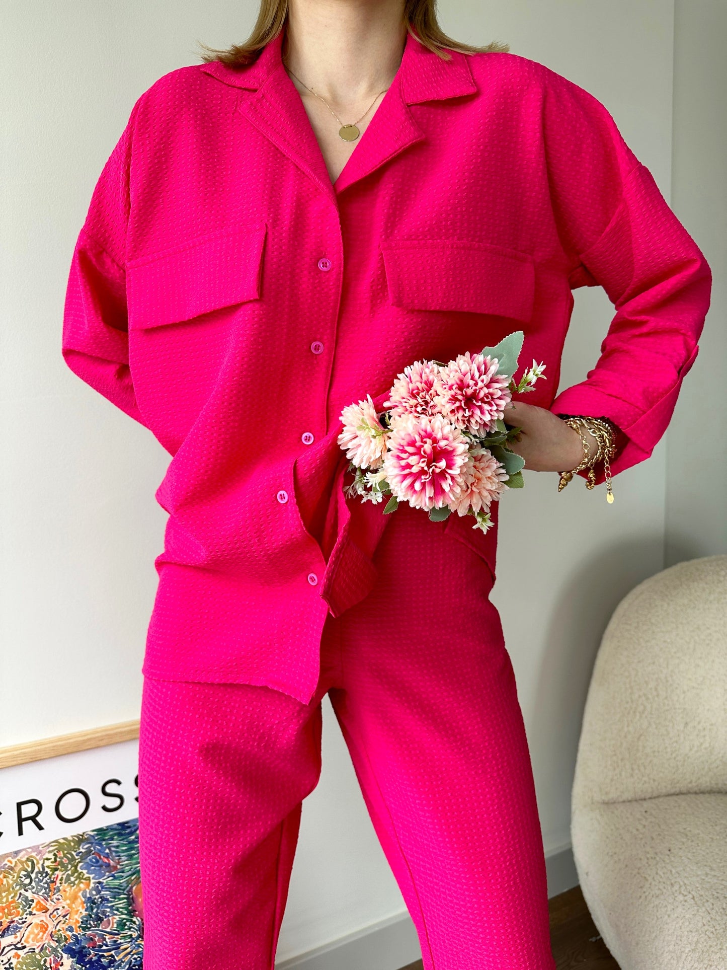 Crush Detailed Fuchsia Drop Shoulder Co-ord Set